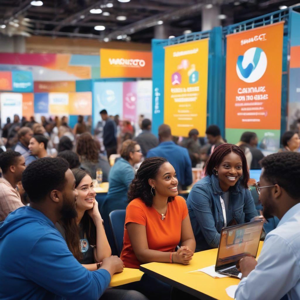 A vibrant and inviting scene of diverse individuals engaging in conversation at a community event, surrounded by banners showcasing WACTC's logo. The background should feature colorful networking booths and an interactive atmosphere, symbolizing connection and collaboration. Include speech bubbles with icons of communication and technology. super-realistic. vibrant colors. 3D.
