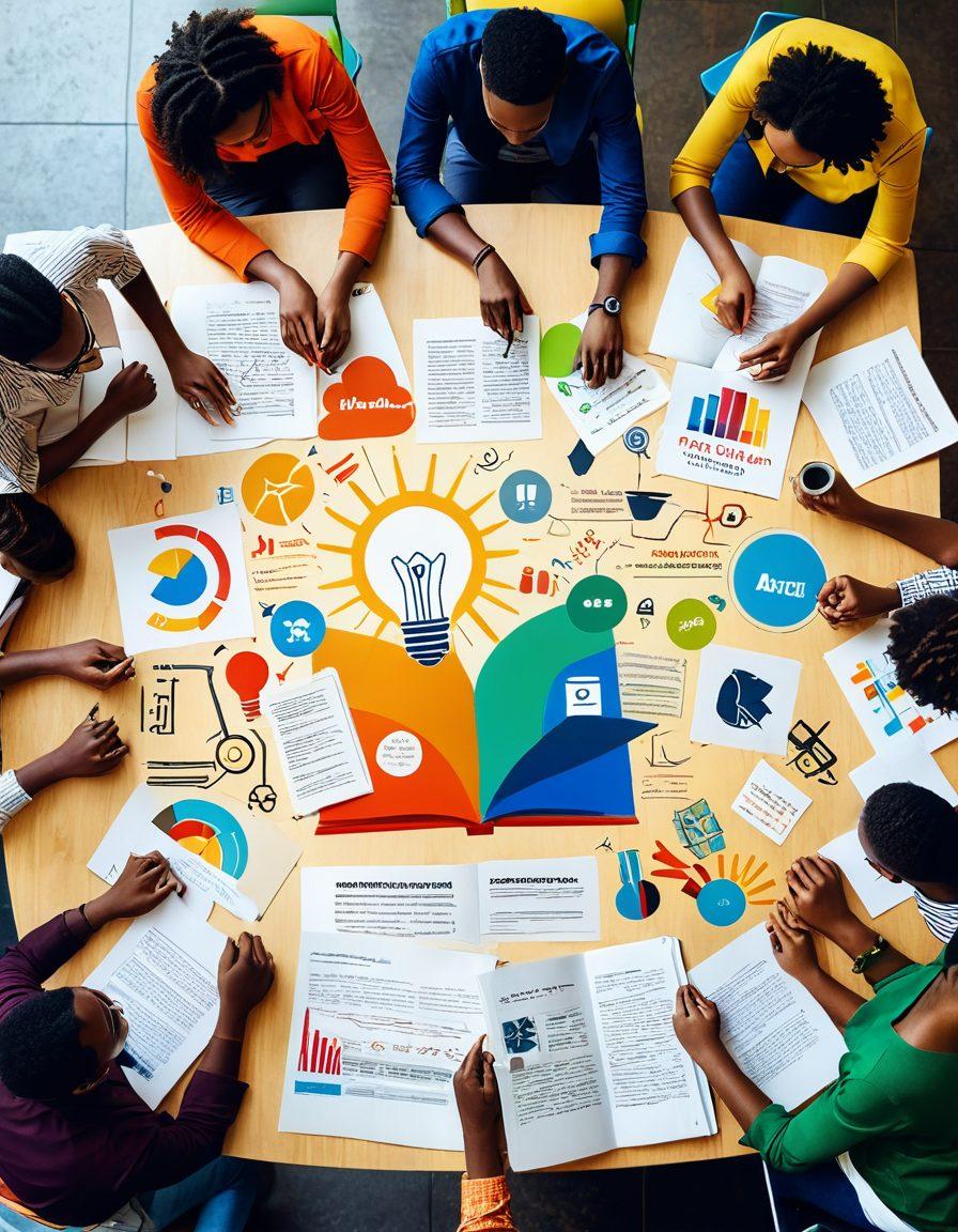 A collage of diverse people engaging in interactive workshops, surrounded by eye-catching infographics and articles. Include symbols of knowledge like light bulbs and open books, set against a vibrant background of a community setting. The atmosphere should be inviting and collaborative. super-realistic. vibrant colors. 3D.