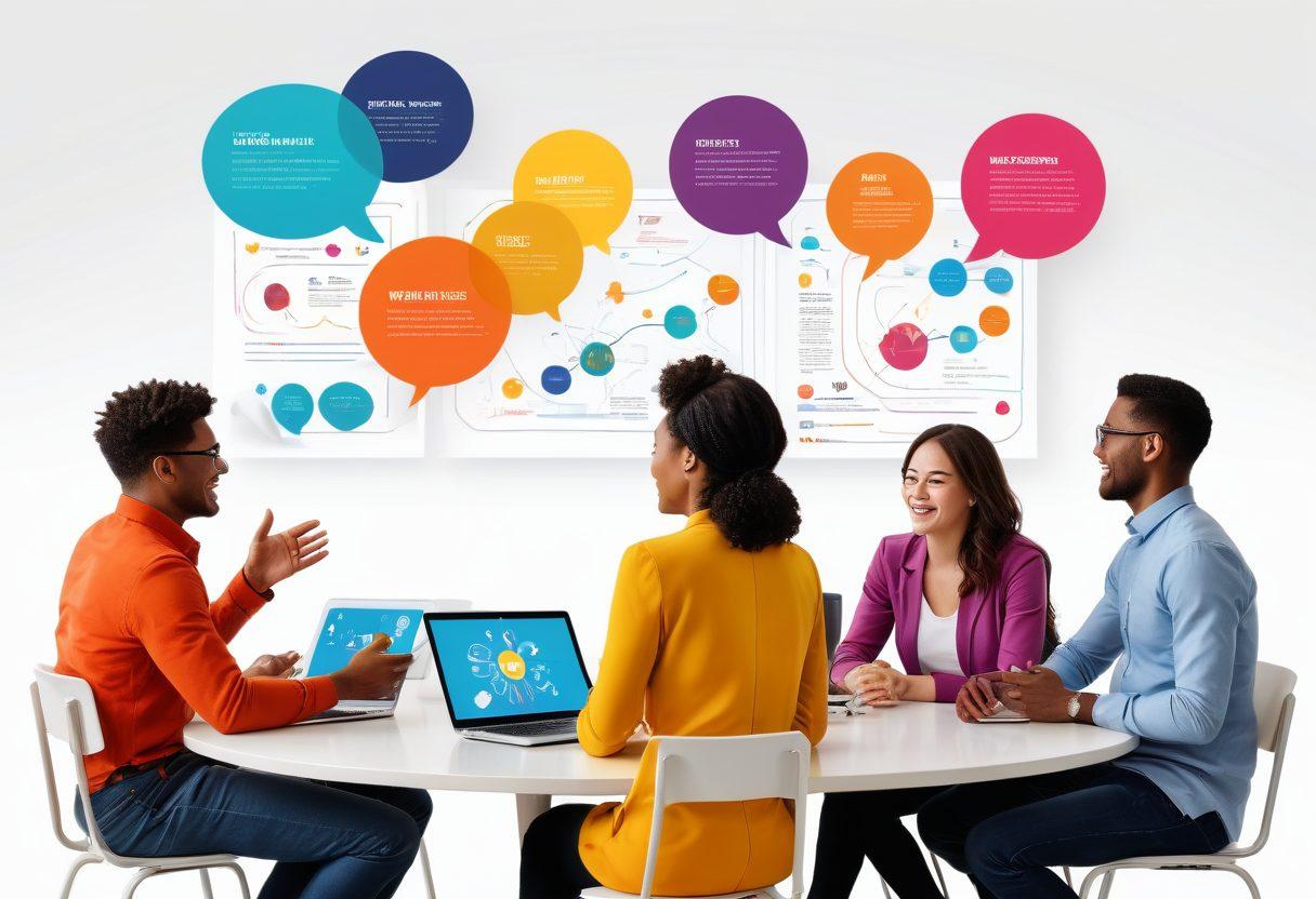 A diverse group of people engaged in lively discussions around a table, surrounded by colorful infographic posters about community engagement. Include a laptop open with a vibrant webpage displaying articles about networking opportunities. Incorporate elements of communication, such as speech bubbles and connecting lines, symbolizing engagement. The atmosphere should feel welcoming and dynamic. super-realistic. vibrant colors. white background.